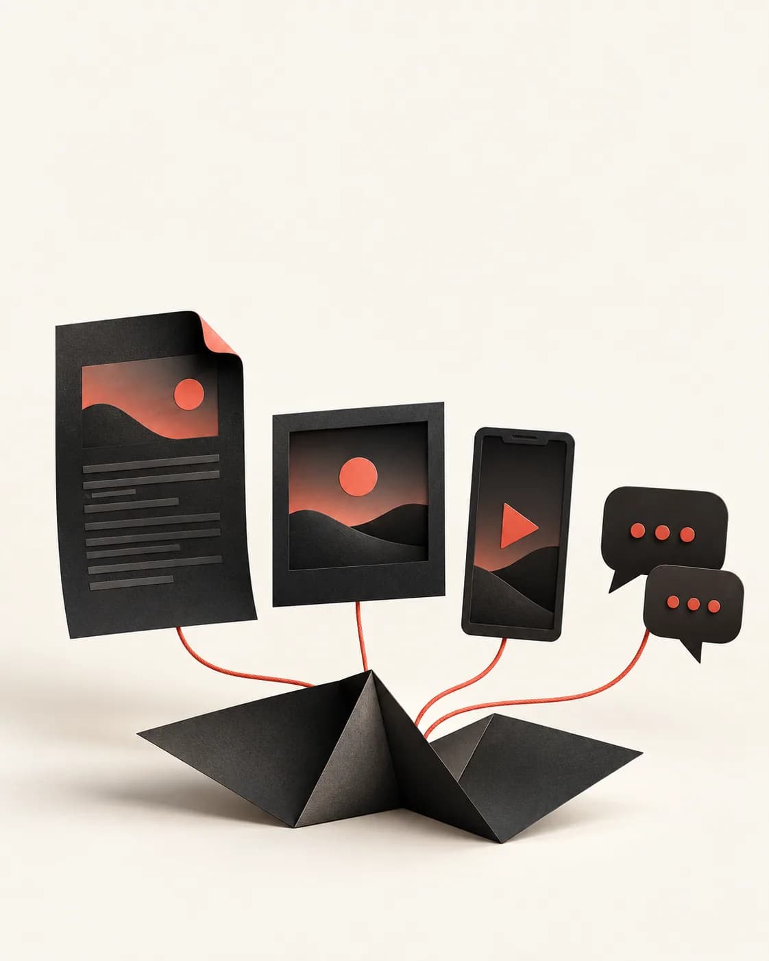 Conceptuele paper illustratie van een idee dat een artikel wordt, sociale afbeelding, korte video en gesprekken.
