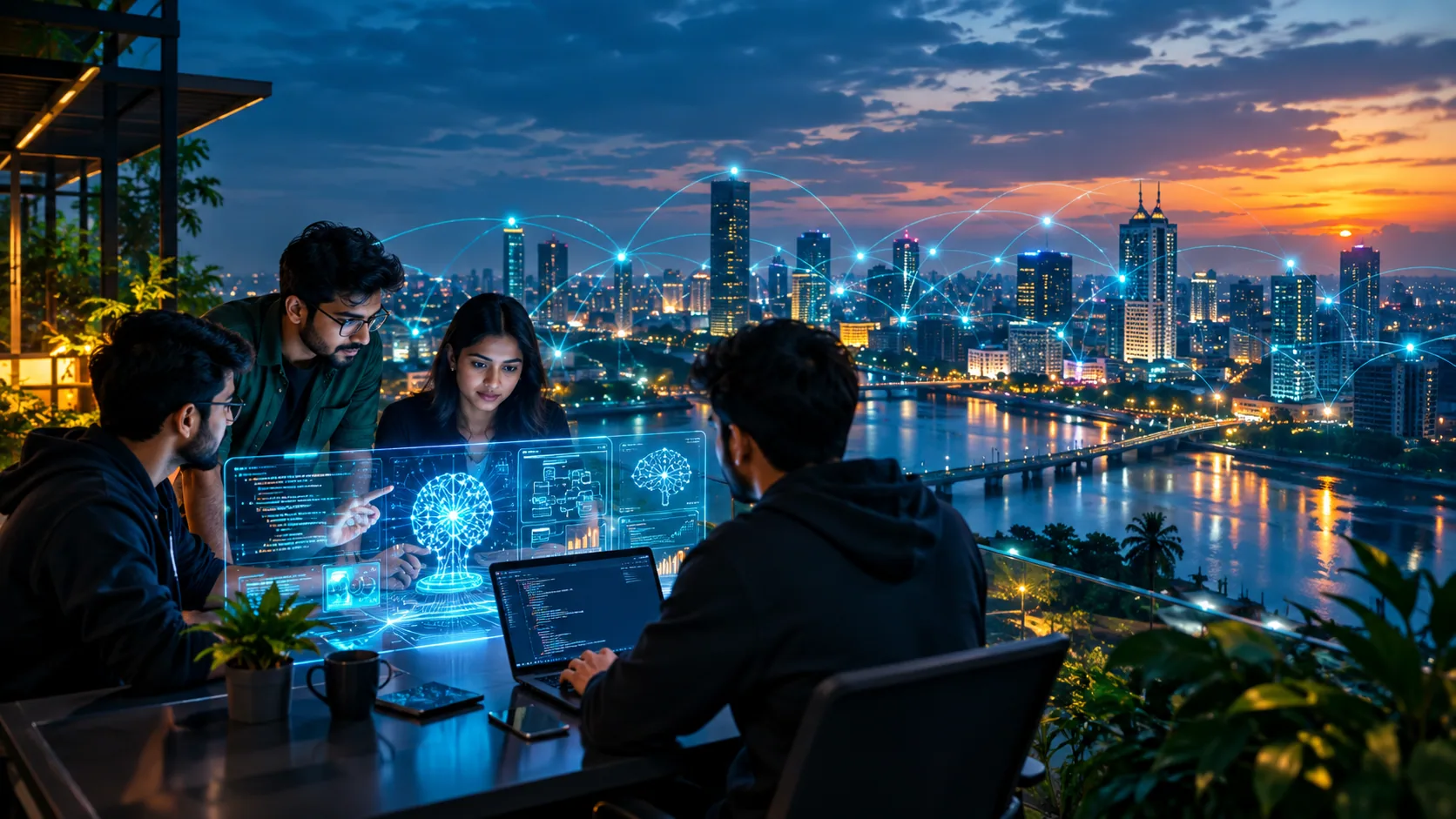 AI development team working with connected technology across the Dhaka skyline at dusk