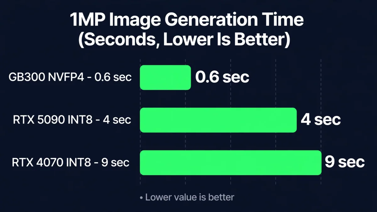 FLUX 3 Image Klein 1MP generation time: GB300 NVFP4 under 0.6 seconds, RTX 5090 INT8 about 4 seconds, RTX 4070 INT8 under 9 seconds