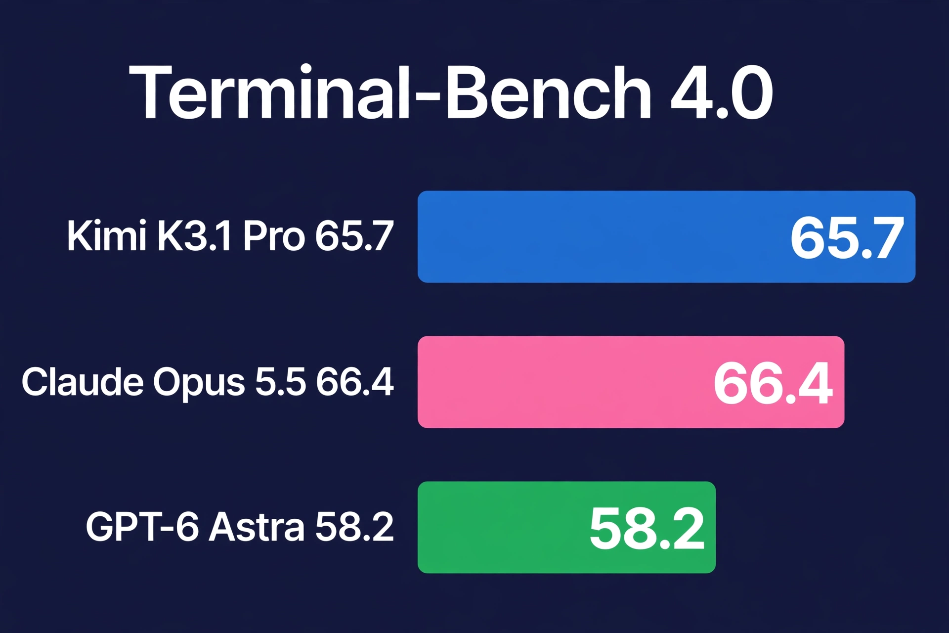 Balkendiagram dat Terminal-Bench 4.0 scores vergelijkt: Kimi K3.1 Pro 65.7, Claude Opus 5.5 66.4, GPT-6 Astra 58.2
