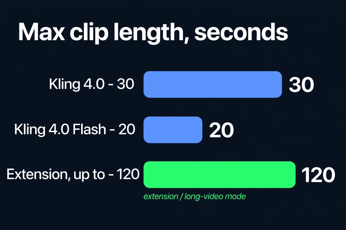 Bar chart comparing maximum clip lengths: Kling 4.0 at 30 seconds, Kling 4.0 Flash at 20 seconds, and extension up to 120 seconds in extension or long-video mode
