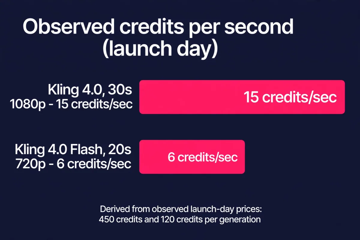 Bar chart of observed launch-day credit costs per second: Kling 4.0 at 15 credits per second for a 30-second 1080p generation, Kling 4.0 Flash at 6 credits per second for a 20-second 720p generation, derived from observed prices of 450 and 120 credits per generation