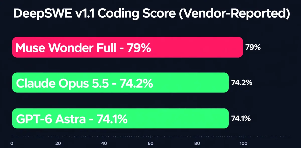 DeepSWE v1.1 coding score bar chart, vendor-reported: Muse Wonder Full 79 percent, Claude Opus 5.5 74.2 percent, GPT-6 Astra 74.1 percent