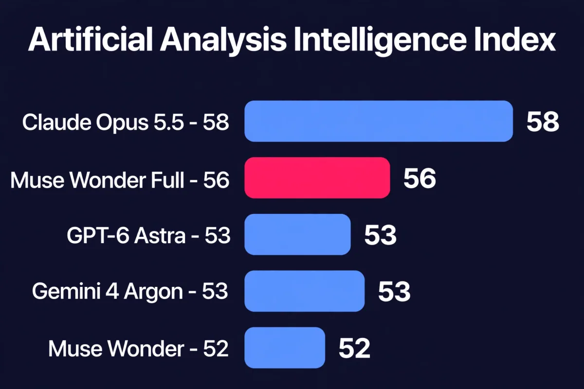 Artificial Analysis Intelligence Index bar chart: Claude Opus 5.5 scores 58, Muse Wonder Full 56, GPT-6 Astra 53, Gemini 4 Argon 53, Muse Wonder 52