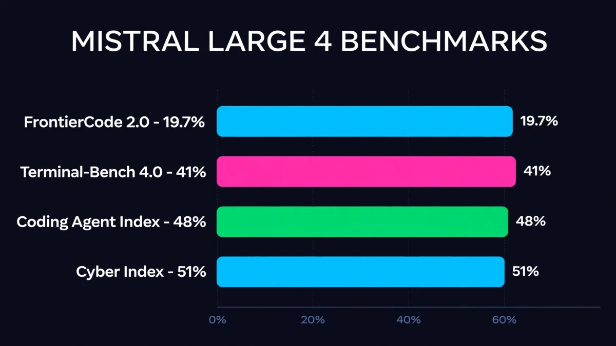 Balkendiagramm der von Mistral Large 4 vom Anbieter gemeldeten Benchmark-Scores: FrontierCode 2,0 mit 19,7 Prozent, Terminal-Bench 4,0 mit 41 Prozent, Coding Agent Index mit 48 Prozent, Cyber Index mit 51 Prozent