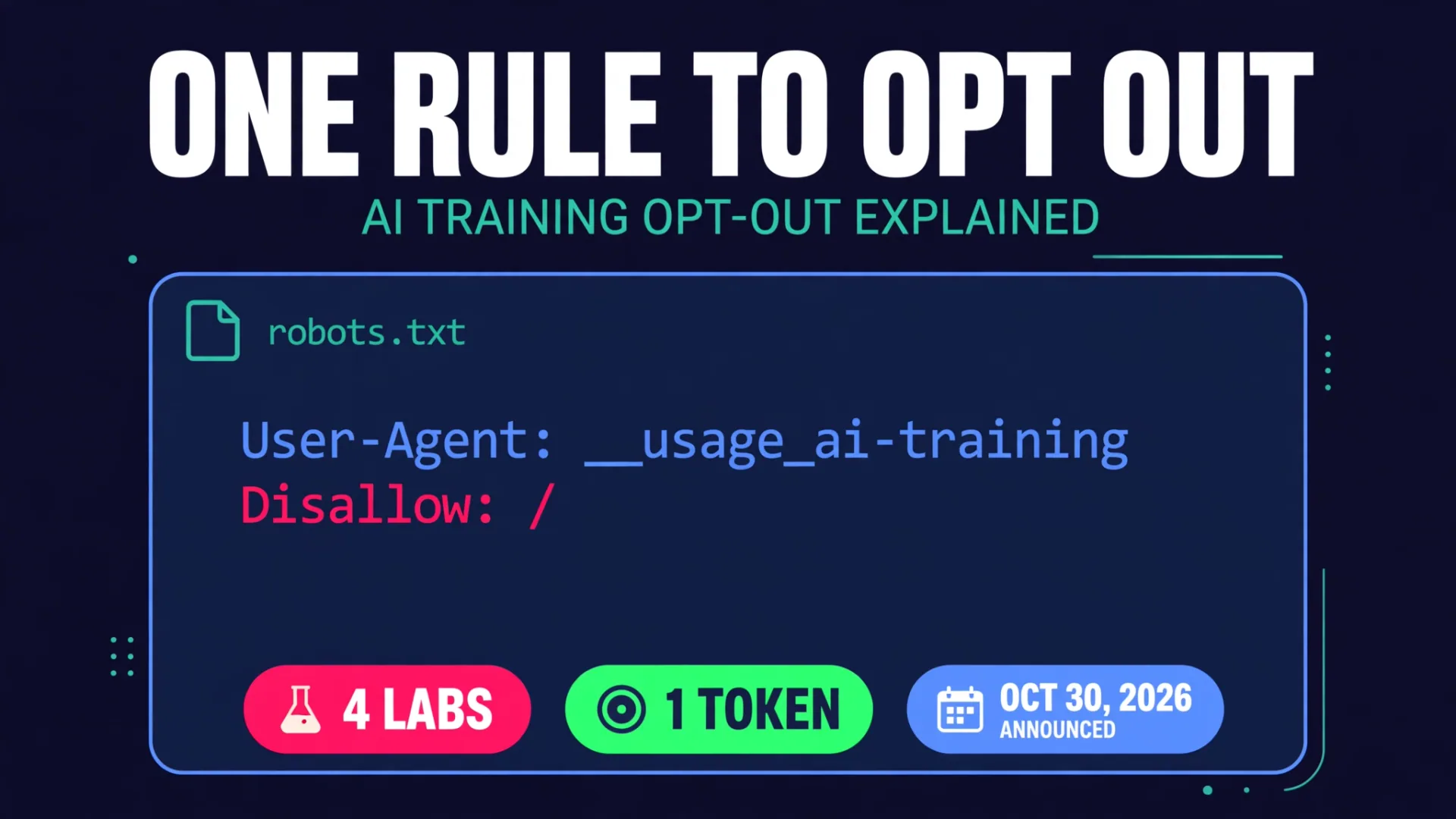قاعدة robots.txt للانسحاب من الرسوم البيانية لتدريب الذكاء الاصطناعي: 4 مختبرات، رمز واحد، تم الإعلان عنه في 30 أكتوبر 2026، الرمز User-Agent __use_ai-training