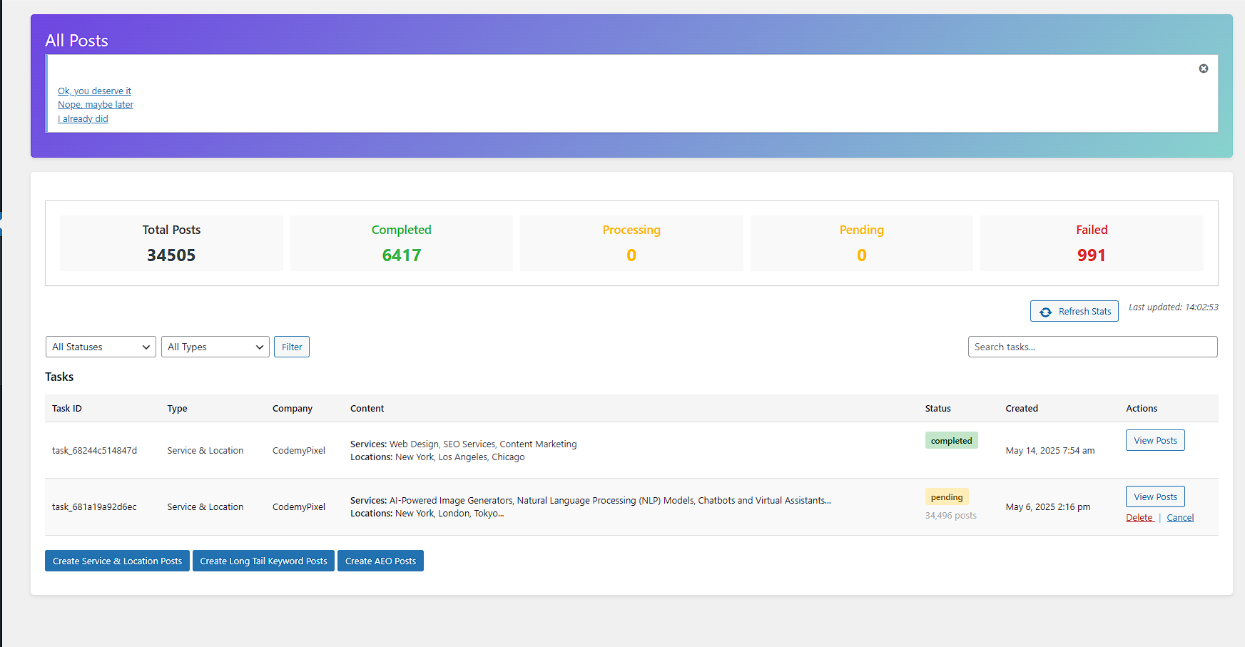 QuasarSEO Bulk Post Generation Settings